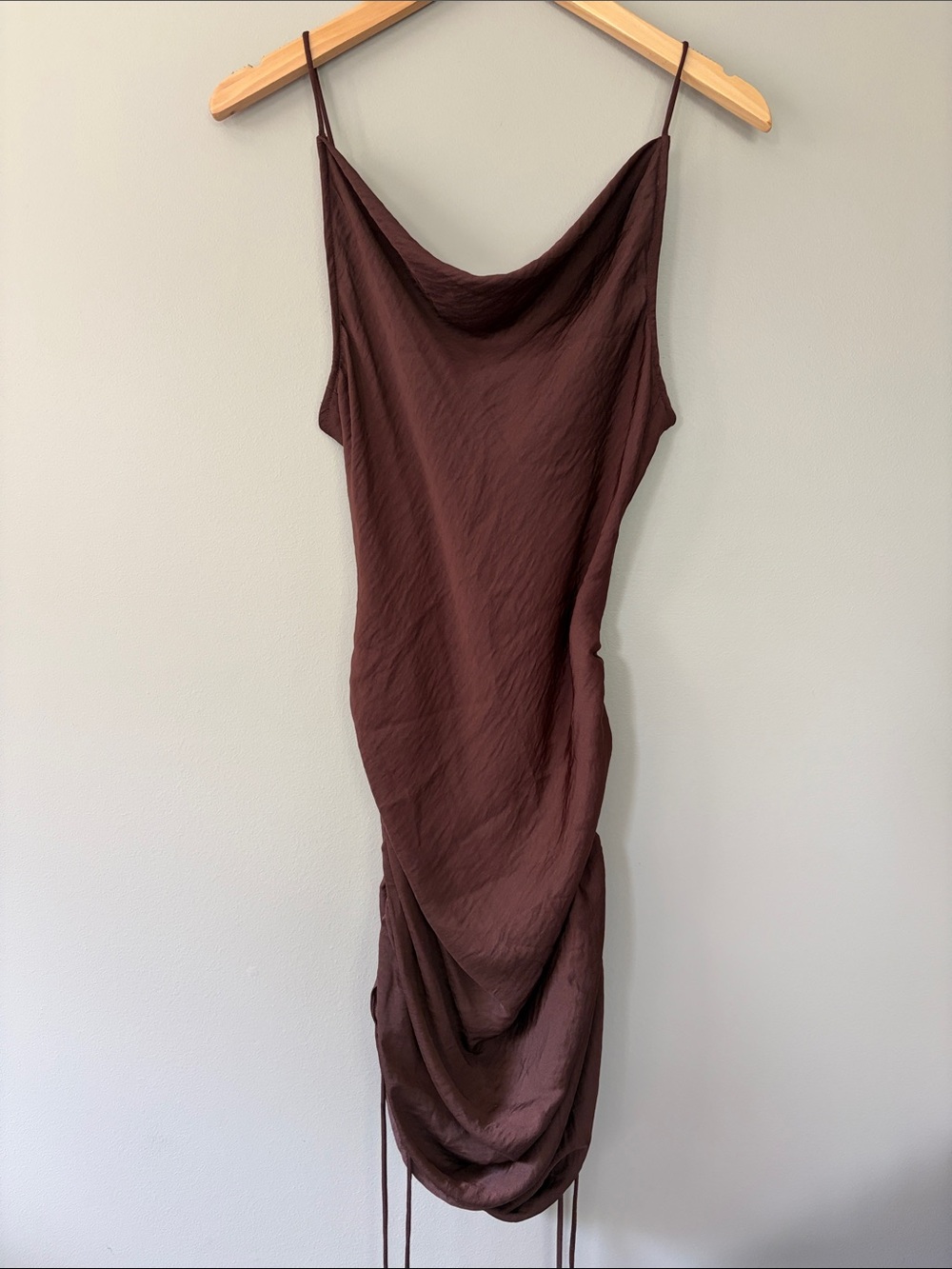 Free People Be My Mini Satin Chocolate Brown Slip Dress Ruched Size Small